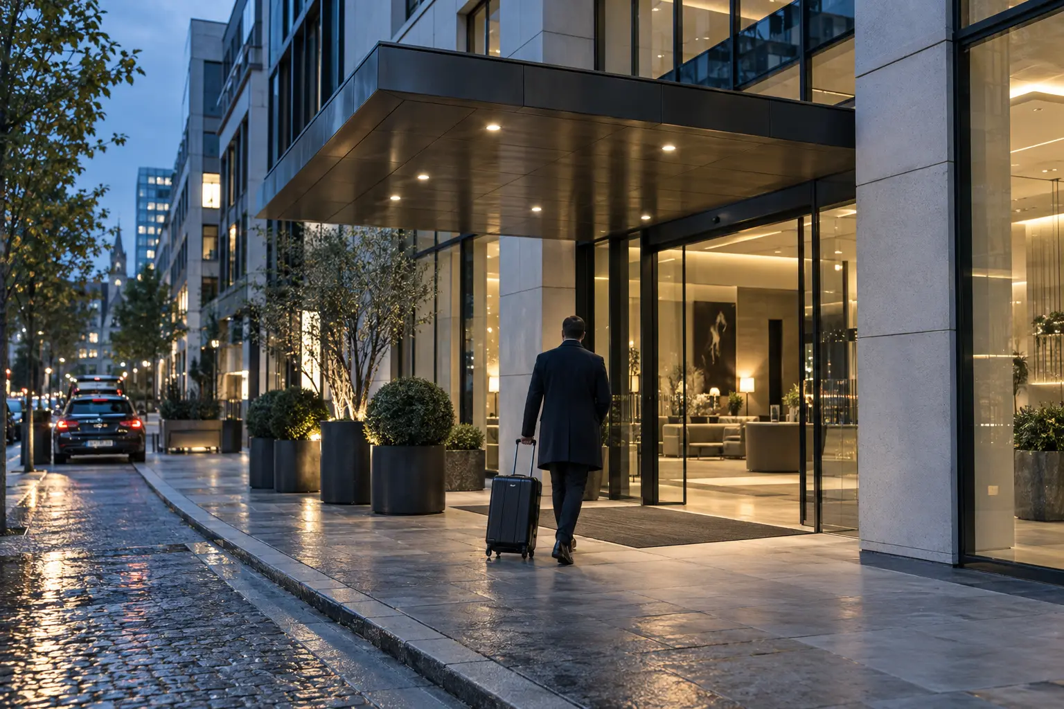Traveller arriving with a suitcase at a softly lit city hotel
