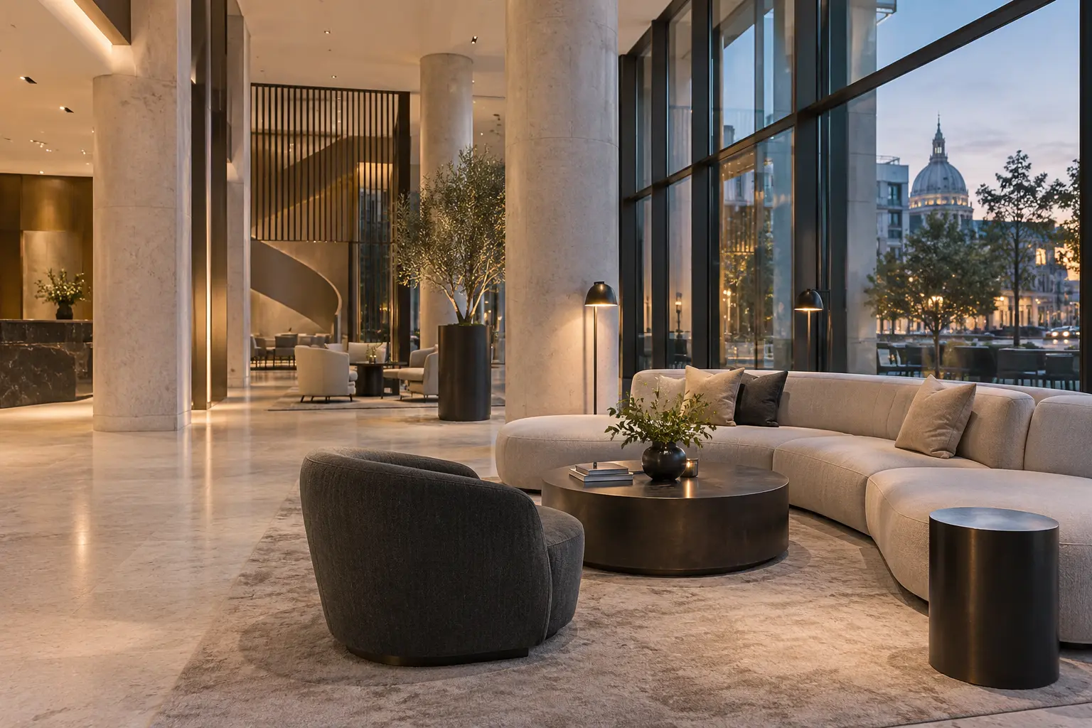 Warmly lit hotel lounge and reception at the end of the day